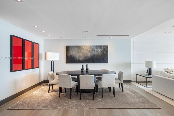 Dining room, Interior, Recessed Lighting, Wood Texture Flooring