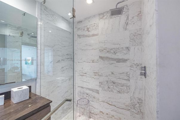 Bathroom, Glass Shower, Interior, Marble Walls, Recessed Lighting