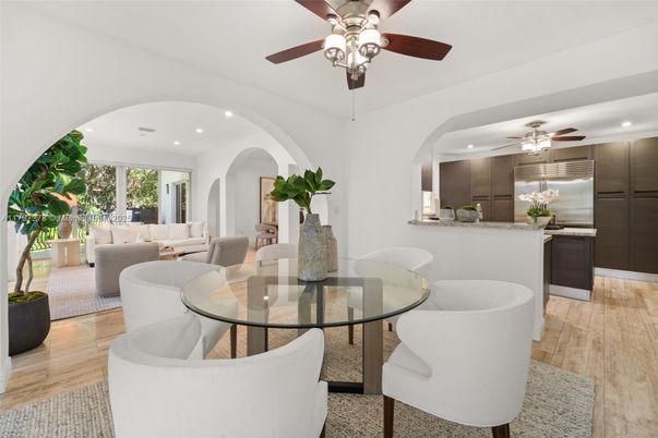 Dining room, Interior, Kitchen, Living room, Recessed Lighting, Stainless Steel Appliances, Wood Texture Flooring