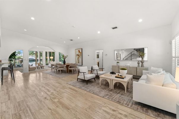 Dining room, Interior, Living room, Recessed Lighting, Wood Texture Flooring