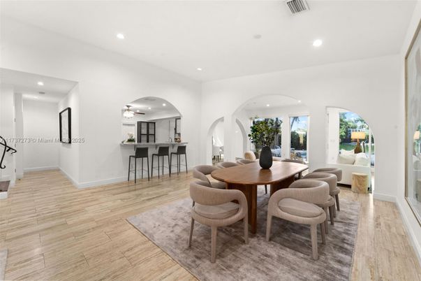 Dining room, Interior, Recessed Lighting, Wood Texture Flooring