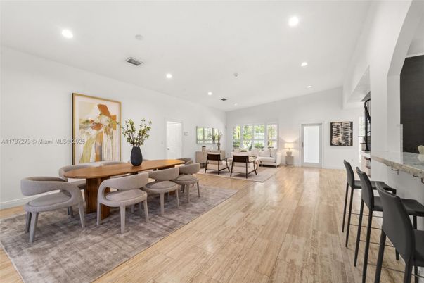 Dining room, Interior, Recessed Lighting, Wood Texture Flooring