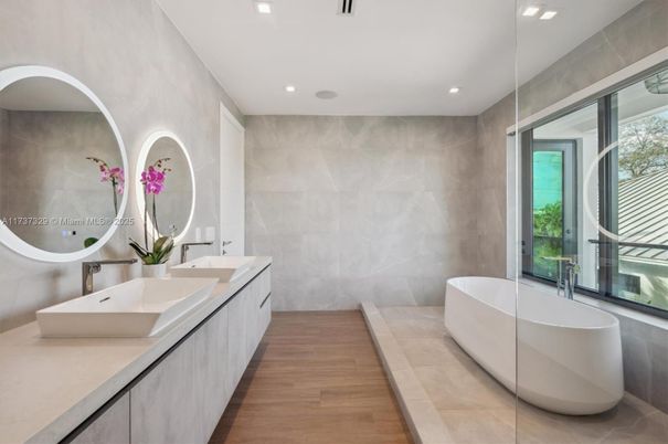 Bathroom, Dual Sink Vanities, Free Standing Baths, Interior, Recessed Lighting, Wood Texture Flooring