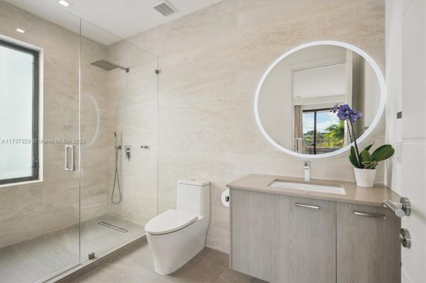 Bathroom, Glass Shower, Interior, Marble Walls, Recessed Lighting