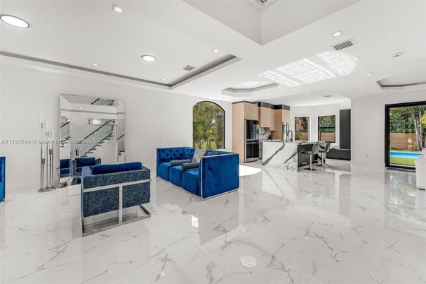 Interior, Kitchen, Living room, Marble, Recessed Lighting, Stainless Steel Appliances
