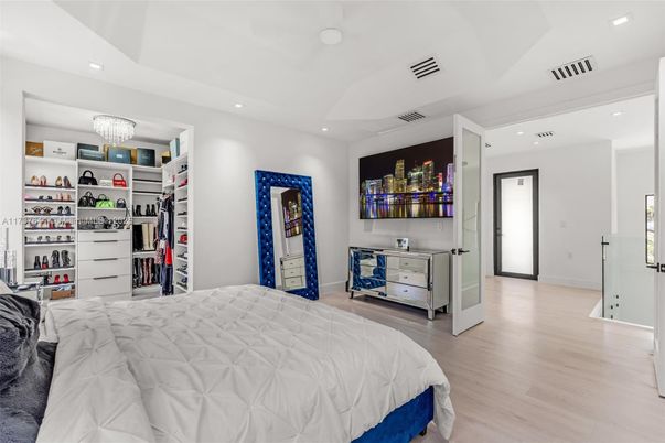 Bedroom, Chandelier, Interior, Recessed Lighting, Wood Texture Flooring