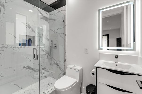Bathroom, Glass Shower, Interior, Marble Walls, Recessed Lighting
