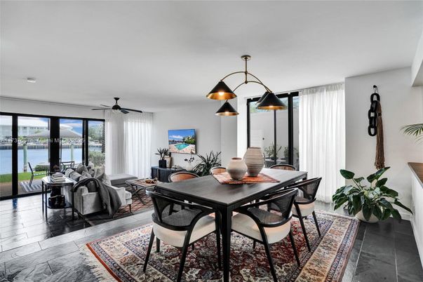 Dining room, Interior, Living room, Pendant Lights, Water, Wood Texture Flooring