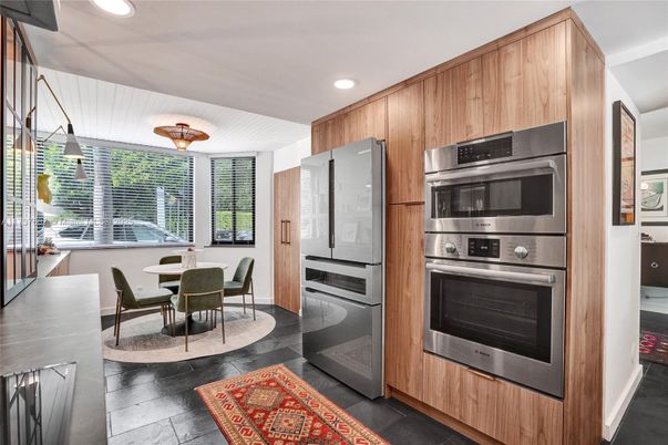 Dining room, Interior, Kitchen, Recessed Lighting, Stainless Steel Appliances, Wood Texture Flooring