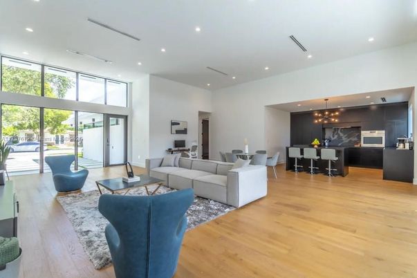 Dining room, Interior, Kitchen, Living room, Pendant Lights, Recessed Lighting, Stainless Steel Appliances, Wood Texture Flooring