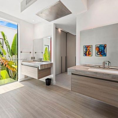 Bathroom, Dual Sink Vanities, Interior, Recessed Lighting, Wood Texture Flooring