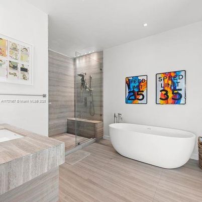 Bathroom, Free Standing Baths, Glass Shower, Interior, Recessed Lighting