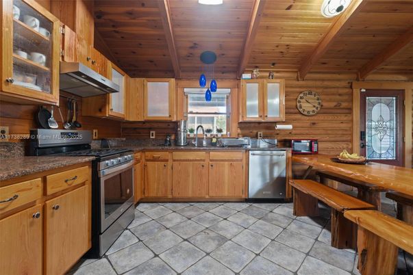 Interior, Kitchen, Pendant Lights, Stainless Steel Appliances, Wooden Beams, Wooden Ceilings, Wooden Walls