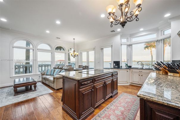 Chandelier, Interior, Kitchen, Living room, Recessed Lighting, Wood Texture Flooring