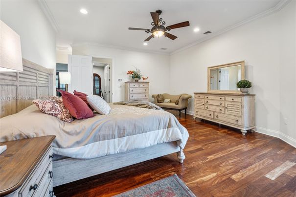 Bedroom, Interior, Recessed Lighting, Wood Texture Flooring