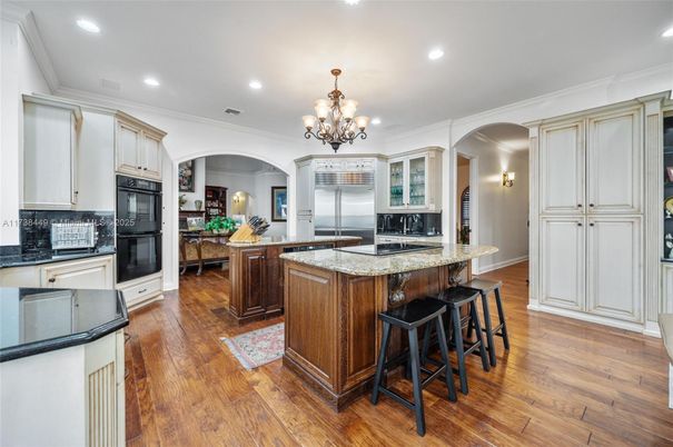 Chandelier, Interior, Kitchen, Recessed Lighting, Stainless Steel Appliances, Wood Texture Flooring