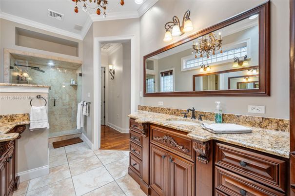 Bathroom, Dual Sink Vanities, Glass Shower, Interior, Wood Texture Flooring