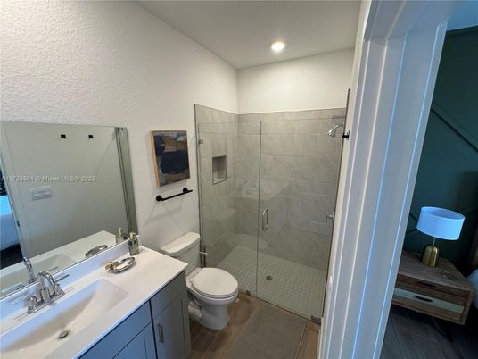 Bathroom, Glass Shower, Interior, Recessed Lighting, Wood Texture Flooring