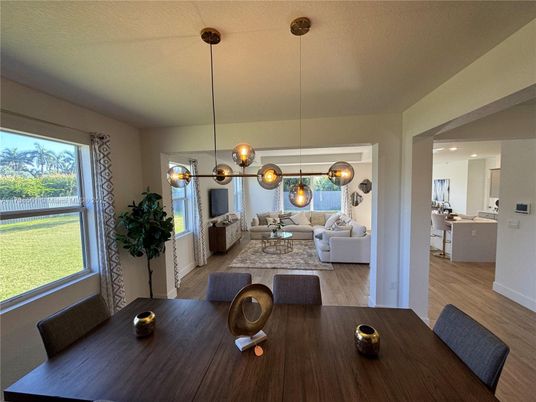 Dining room, Interior, Living room, Pendant Lights, Wood Texture Flooring