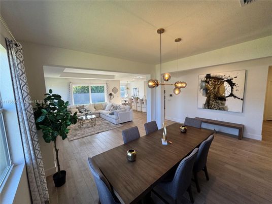 Dining room, Interior, Living room, Pendant Lights, Wood Texture Flooring