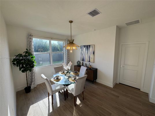 Dining room, Interior, Pendant Lights, Wood Texture Flooring