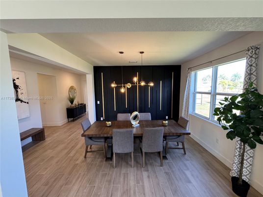 Dining room, Interior, Pendant Lights, Wood Texture Flooring