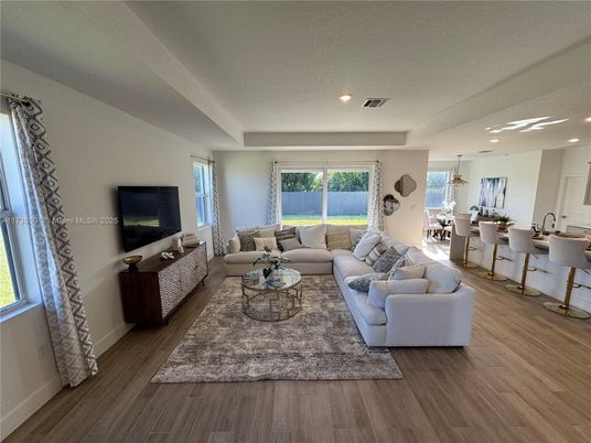 Dining room, Interior, Living room, Pendant Lights, Recessed Lighting, Wood Texture Flooring