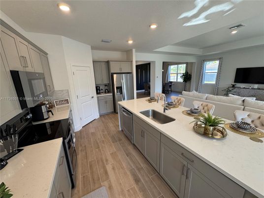 Interior, Kitchen, Living room, Recessed Lighting, Stainless Steel Appliances, Wood Texture Flooring