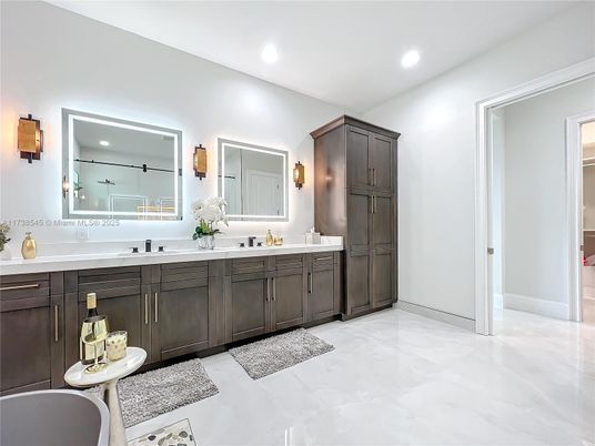 Bathroom, Dual Sink Vanities, Interior, Marble, Recessed Lighting