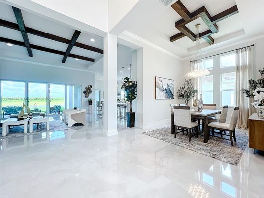 Chandelier, Dining room, Interior, Living room, Pendant Lights, Recessed Lighting, Wooden Beams