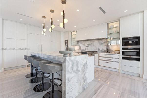 Interior, Kitchen, Marble Walls, Pendant Lights, Recessed Lighting