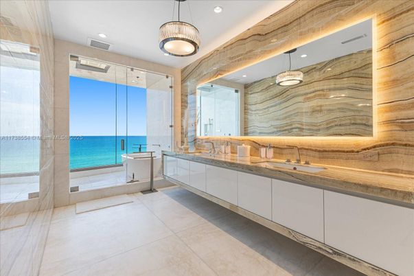 Bathroom, Dual Sink Vanities, Glass Shower, Interior, Pendant Lights, Recessed Lighting, Water