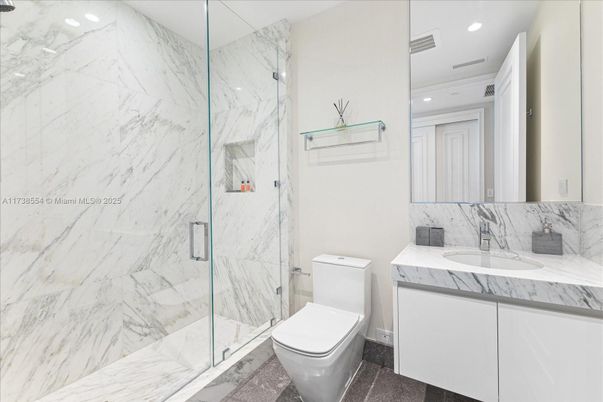 Bathroom, Glass Shower, Interior, Marble Walls, Recessed Lighting