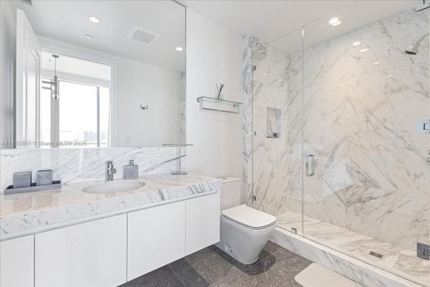 Bathroom, Glass Shower, Interior, Marble Walls, Recessed Lighting