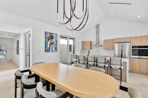 Dining room, Interior, Kitchen, Pendant Lights, Recessed Lighting, Stainless Steel Appliances, Wood Texture Flooring