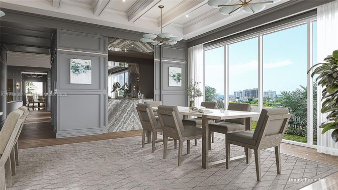Dining room, Interior, Pendant Lights, Wood Texture Flooring