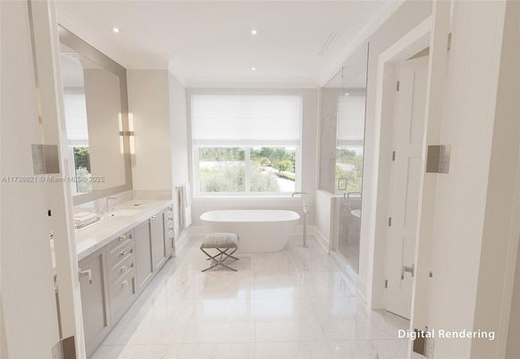 Bathroom, Dual Sink Vanities, Free Standing Baths, Glass Shower, Interior, Marble, Recessed Lighting