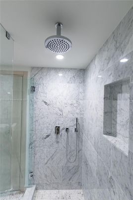 Bathroom, Glass Shower, Interior, Marble Walls, Recessed Lighting