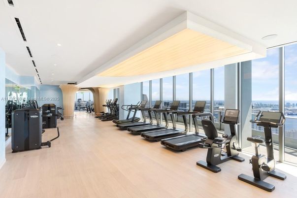 Fitness Equipment, Gym, Interior, Recessed Lighting, Wood Texture Flooring
