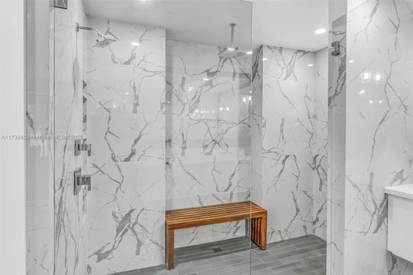Bathroom, Interior, Marble Walls, Recessed Lighting, Wood Texture Flooring