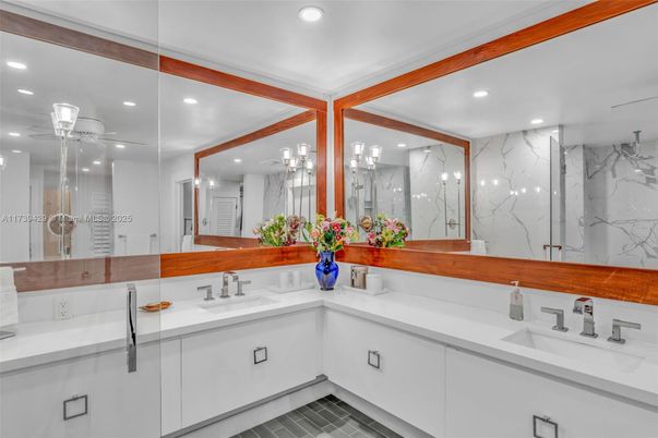Bathroom, Dual Sink Vanities, Glass Shower, Interior, Marble Walls, Recessed Lighting
