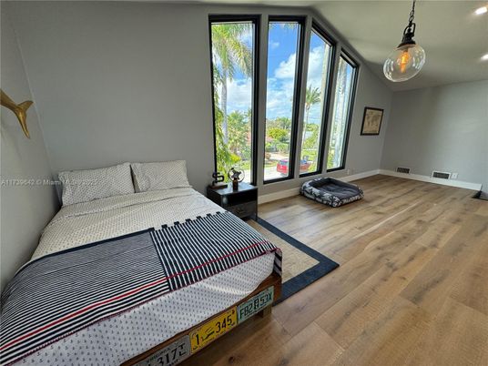 Bedroom, Interior, Pendant Lights, Recessed Lighting, Wood Texture Flooring