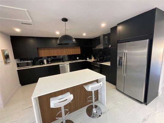 Interior, Kitchen, Marble, Pendant Lights, Recessed Lighting, Stainless Steel Appliances