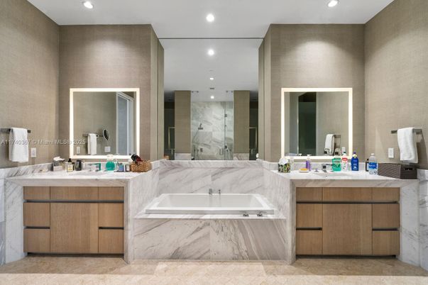 Bathroom, Dual Sink Vanities, Interior, Marble Walls, Recessed Lighting