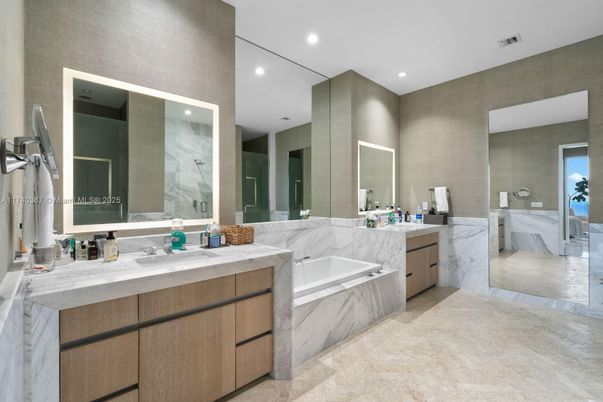 Bathroom, Dual Sink Vanities, Interior, Marble Walls, Recessed Lighting