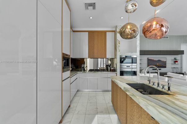 Interior, Kitchen, Marble, Pendant Lights, Recessed Lighting, Stainless Steel Appliances