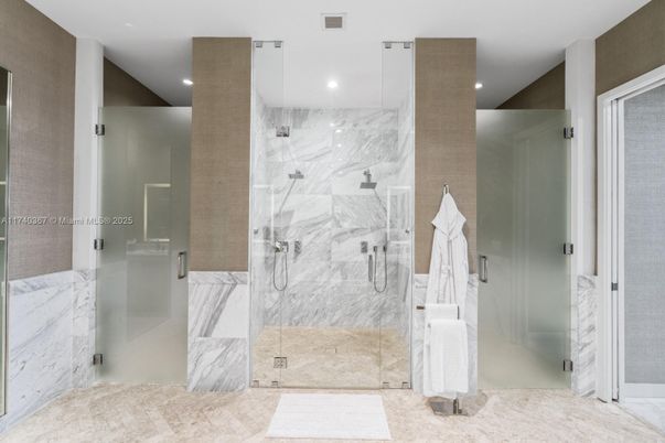 Bathroom, Glass Shower, Interior, Marble, Marble Walls, Recessed Lighting