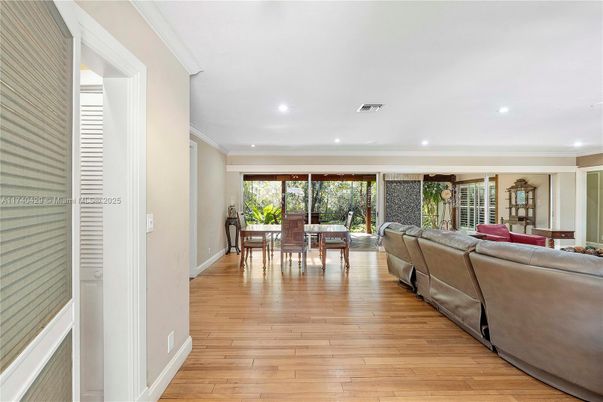 Dining room, Interior, Living room, Recessed Lighting, Wood Texture Flooring