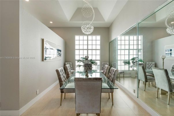 Dining room, Interior, Pendant Lights, Recessed Lighting, Wood Texture Flooring