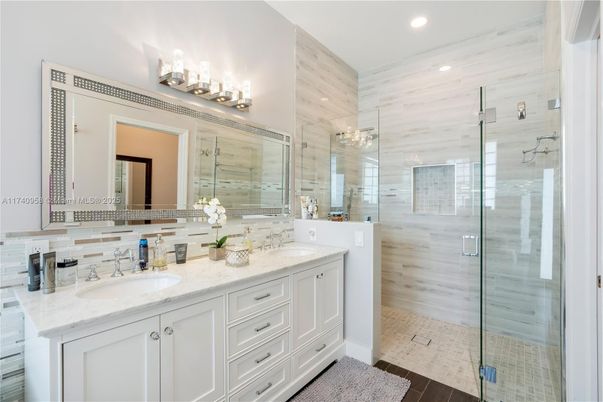 Bathroom, Dual Sink Vanities, Glass Shower, Interior, Recessed Lighting